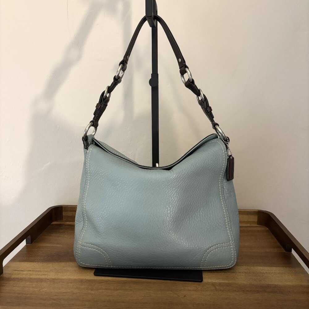 Coach Chelsea Turn Lock Light Teal Blue Green Pebbled Leather Brown Handled Hobo - Picture 3 of 9